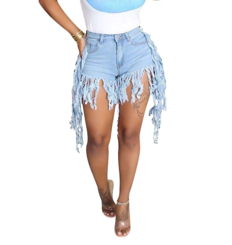 SIAEAMRG Jean Shorts for Women Juniors, Summer High Waisted Stretchy Frayed Raw Hem Tassels Denim Shorts (Side-Light Blue, M) - Image 1